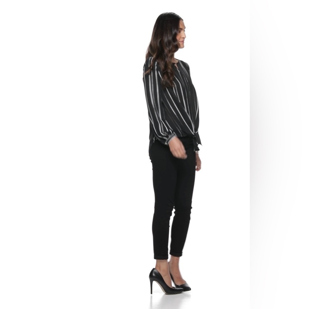 Apt. 9 Black and White Keyhole Tie Front 3/4 Sleeve Blouse Pinstripe size L - Picture 10 of 16